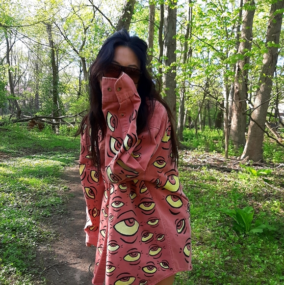 Hand painted salmon colored denim eyeball jacket